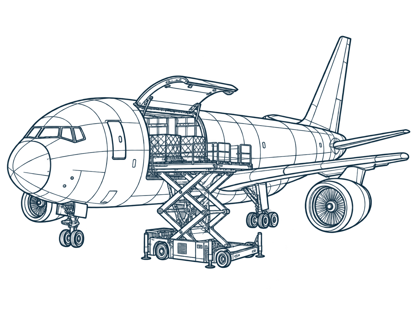 Wide-body cargo aircraft with an open nose door and ULD loader