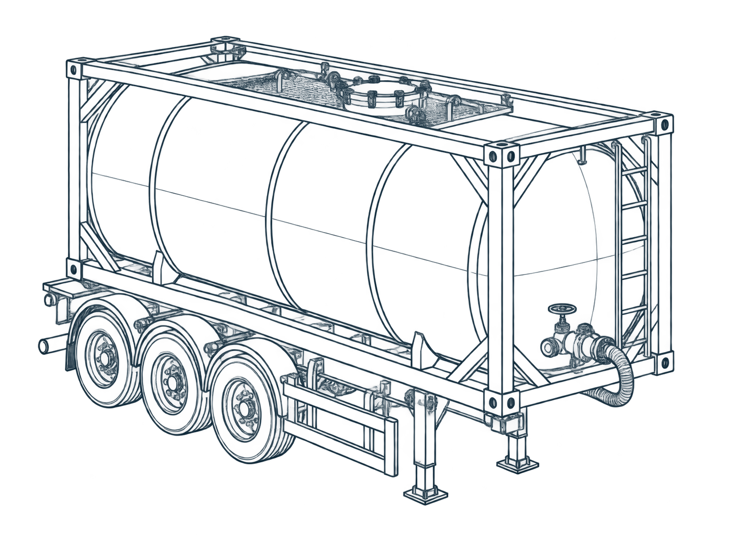 Truck carrying a framed tank container for liquid and dangerous goods