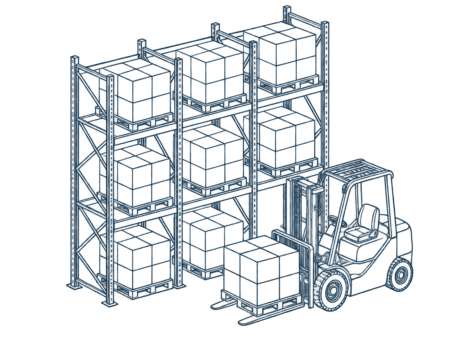 Warehouse with pallet racks and a forklift handling cargo